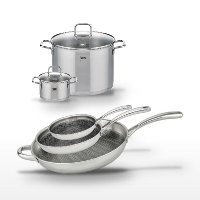 Lot de 3 Poêles Elo Relief Evolution 24/28/32 cm et 2 Faitouts 16/26 cm - gris inox 3176239957686_0