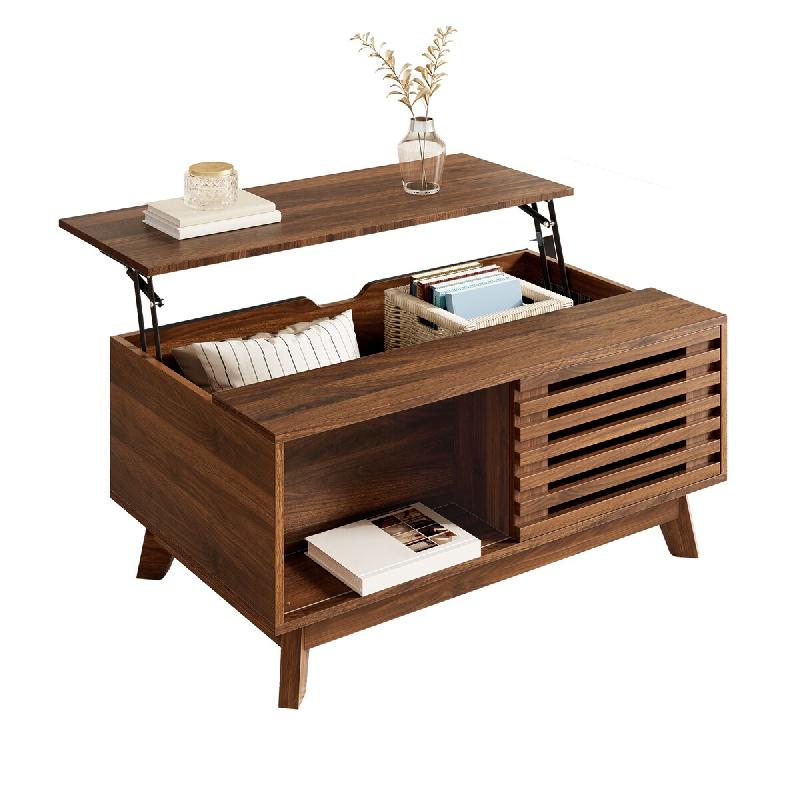 Merax Table basse 90 x 55 x 57,5 cm avec plateau réglable en hauteur, porte aveugle coulissante et corps en MDF, coloris noyer - marron Bois manufact_0