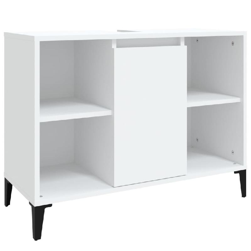 Meuble d'évier 80x33x60 cm en bois d'ingénierie blanc - 5 compartiments et porte - Pieds en métal_0
