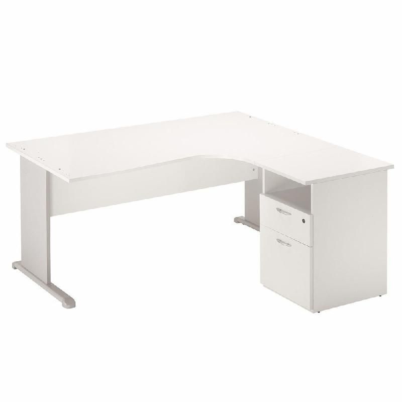 PACK PRONTO TENDANCE : 1 BUREAU COMPACT RETOUR À DROITE BLANC + 1 CAISSON HAUTEUR BUREAU BLANC