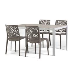 RATTATAN Ensemble salle a manger aluminium taupe et blanc, 4 chaises en polypropylène taupe empilables et plateau effet pierre–MILO+DAFNE Taupe/Bla_0