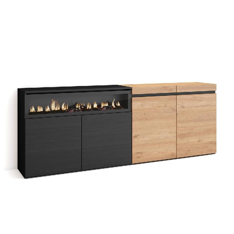 SKRAUT HOME Buffet salon et cuisine, 200x75x35cm, 4 Portes, Cheminée électrique, Chêne et noir - beige Bois manufacturé 62_3_0