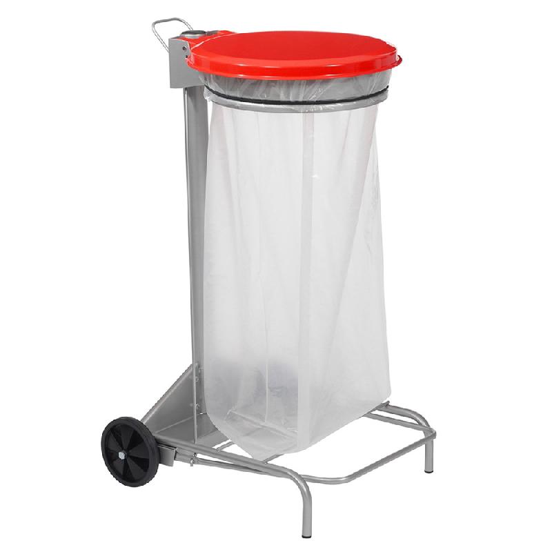 Support sac poubelle 2 roues à pédale Rossignol Collecroule avec couvercle rouge 110 L_0