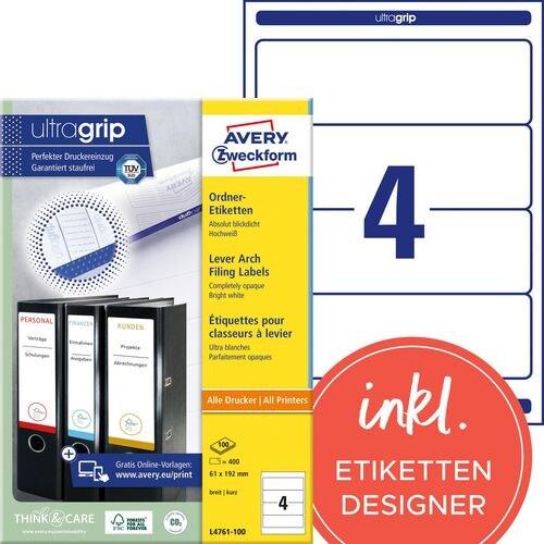 Avery Zweckform 400 étiquettes pour dos de classeur à levier large blanches, format 192 x 61 mm (100 feuilles A4 / cdt) - blanc L4761-100_0