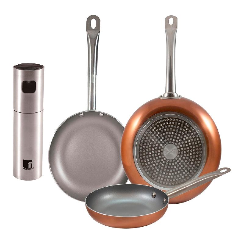 BERGNER - Set de 3 Poêles en Aluminium Embouti Ø18/Ø22/Ø26 cm Compatible Induction avec Vaporisateur d'Huile/Vinaigre Ø4x17,5 cm en Acier Inoxyda_0