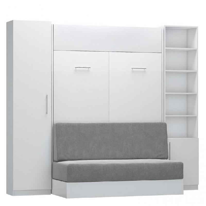 Composition lit escamotable blanc mat Dynamo Sofa - canapé intégré gris - couchage 140x200 cm avec colonne armoire et bibliothèque_0