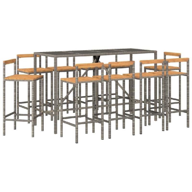 Helloshop26 - Ensemble de bar de jardin meuble extérieur terrasse 11 pièces gris poly rotin/bois massif acacia - 3000733947761_0