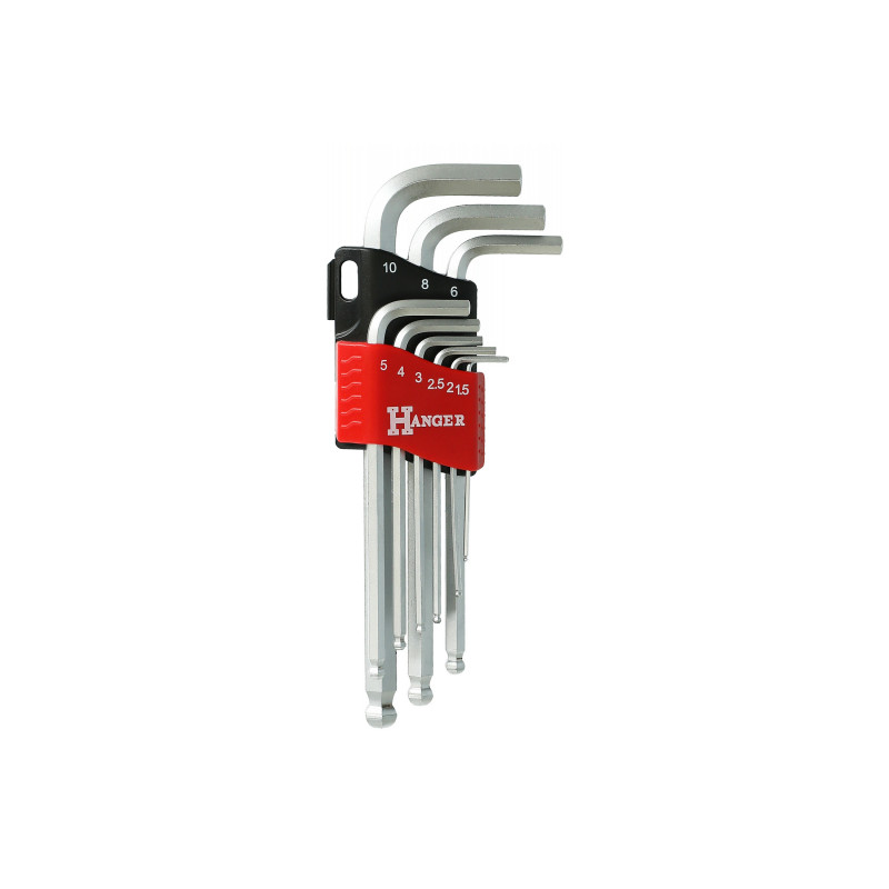 JEU DE 9 CLÉS MÂLES 6 PANS TÊTE SPHÉRIQUE CHROMÉES - HANGER - 250111