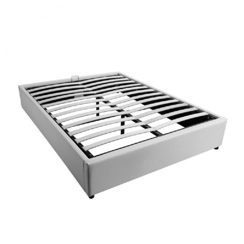 Lit coffre Dorres 160x200 cm - sommier relevable - revêtement polyuréthane blanc - grand coffre de rangement_0