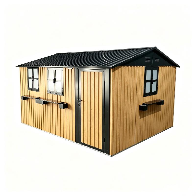 Merax Abri à outils en métal aspect bois 10,21 m², 3 fenêtres, 3 étagères à fleurs et porte verrouillable, 370,8 x 303,8 x 204,9 cm, jaune-noir_0