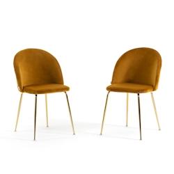 RATTATAN Lot de 2 chaises en velours avec pieds en métal, design élégant pour cuisine, salle à manger, bar ou restaurant – Sara – Moutarde/Or_0