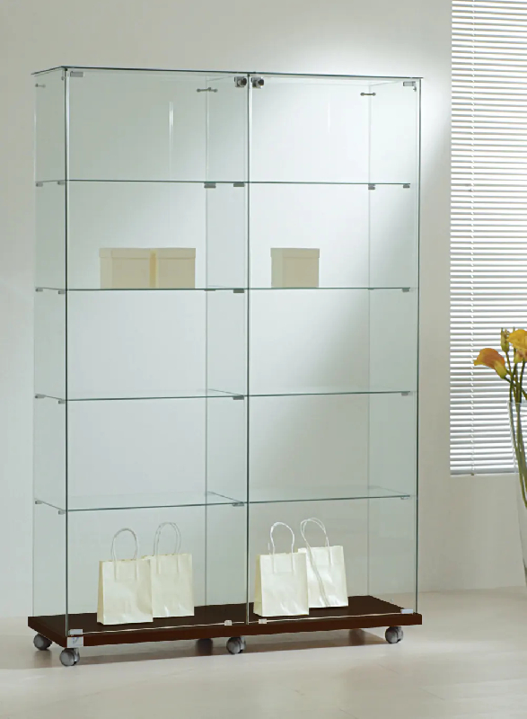 Vitrine large en verre 12/18VA - Gris - 117x40x180 cm - 8 tablettes amovibles et serrure_0