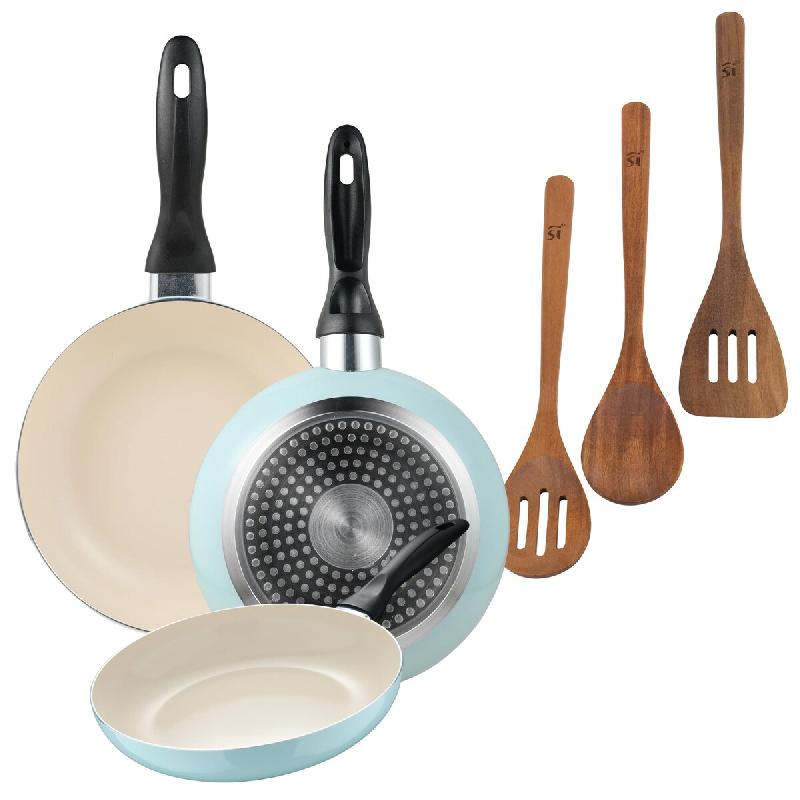 BERGNER - Ensemble de 3 poêles Ø16/Ø20/Ø24 cm en aluminium embouti bleu ciel avec ensemble de 3 ustensiles de cuisine en bois d’acacia - PK9396_0