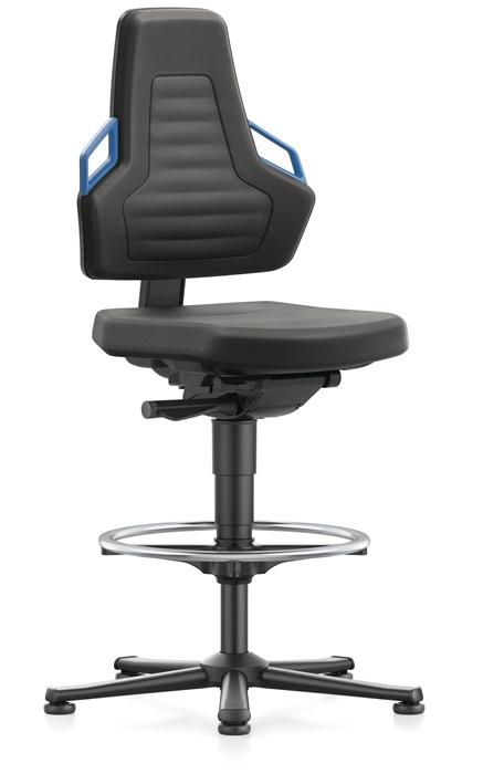 Chaise atelier pivotante BIMOS Nexxit - patins, anneau de pied réglable, tissu Supertec noir, poignée bleue, hauteur 570-820 mm_0