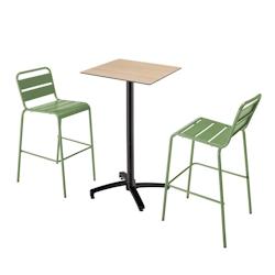 Oviala Business Ensemble table haute stratifié chêne et 2 chaises hautes vert cactus - vert métal 110519_0