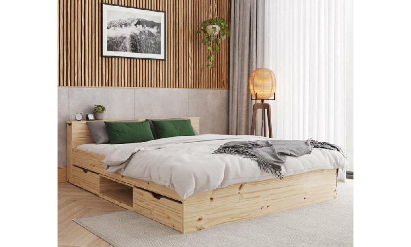 PACK LIT AVEC TÊTE DE LIT RÉTRACTABLE BELOKAN + MATELAS  BOIS NATUREL 140X200 CM/OPT:AVEC 2 ENSEMBLES TIROIRS ET NICHE