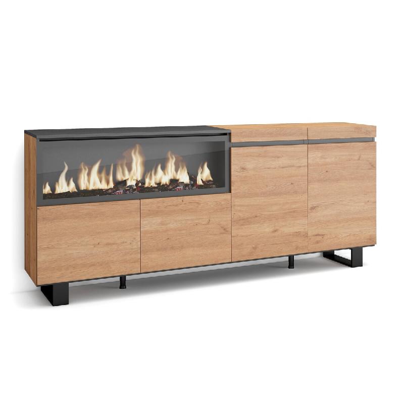 SKRAUT HOME Buffet salon et cuisine, 210, 4 Portes, Cheminée électrique XXL, Design industriel, Chêne - beige Bois manufacturé 418_4_0