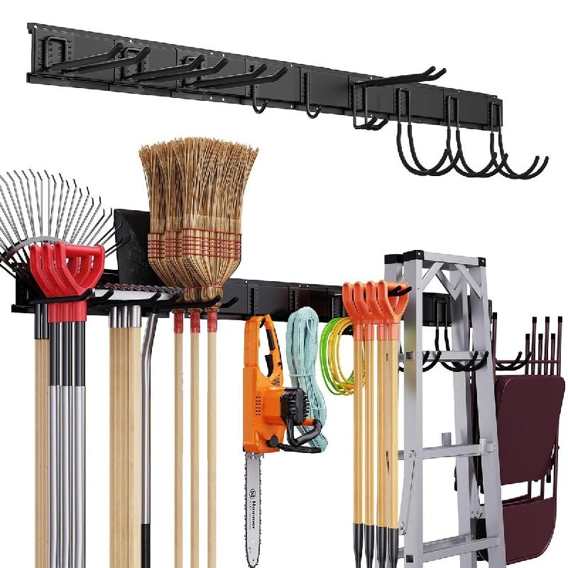 TOJ Living Porte-outils mural – 3 rails + 9 crochets – 120 cm – métal – noir mat – support à balais - noir métal 8720211263354_0