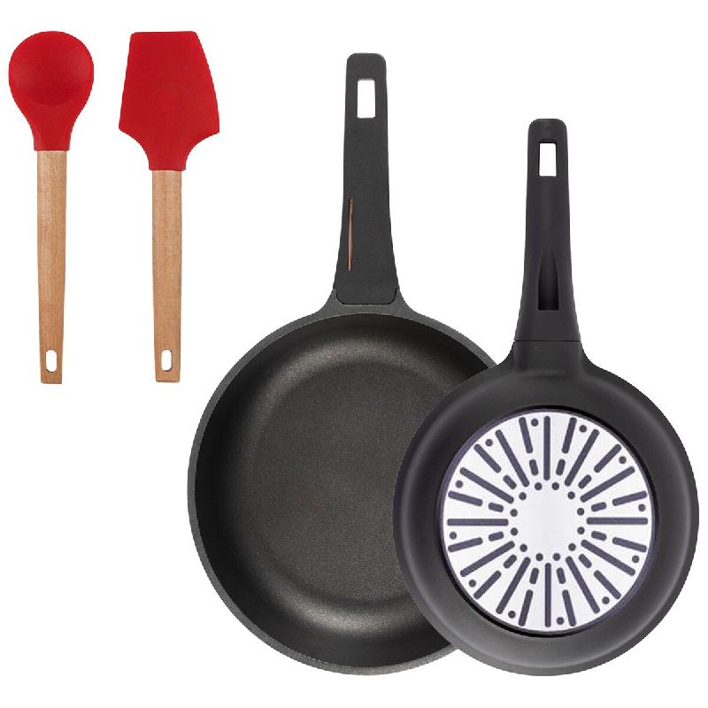 BERGNER - Ensemble de 2 Poêles Ø24//28cm en aluminium moulé avec manche en bakélite avec Ensemble de 2 Ustensiles de Cuisine EXCALIBUR - PK9833_0