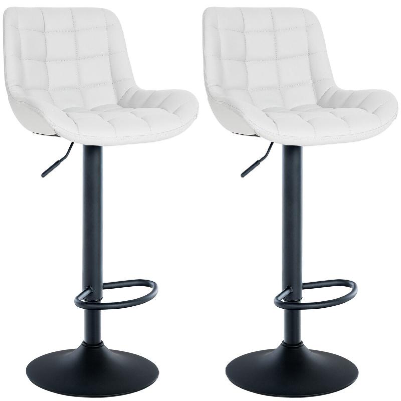 Décoshop26 - Lot de 2 tabourets de bar en PVC blanc avec surpiqûres décoratives carrées cadre métal noir avec repose-pieds 10_0006453 - blanc mé_0