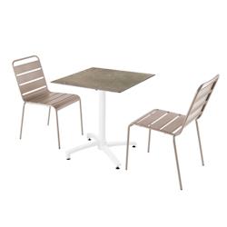 Oviala Business Ensemble table de terrasse stratifié marbre beige avec 2 chaises taupe - gris métal 110790_0