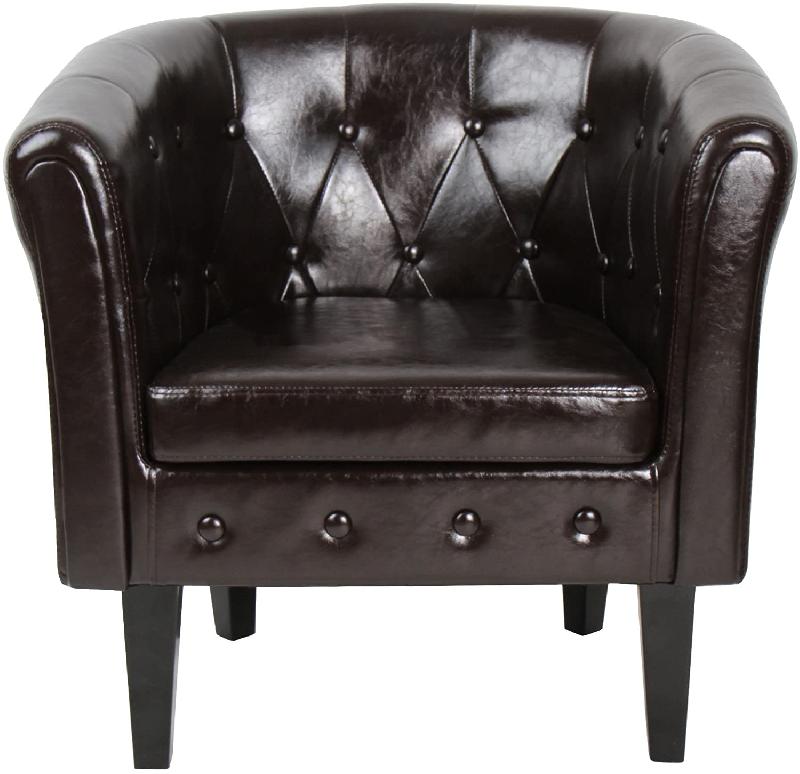 Fauteuil Chesterfield avec repose-pied - En synthétique marron avec éléments décoratifs touffetés - Meuble de salon avec chaise cabriolet et pouf_0