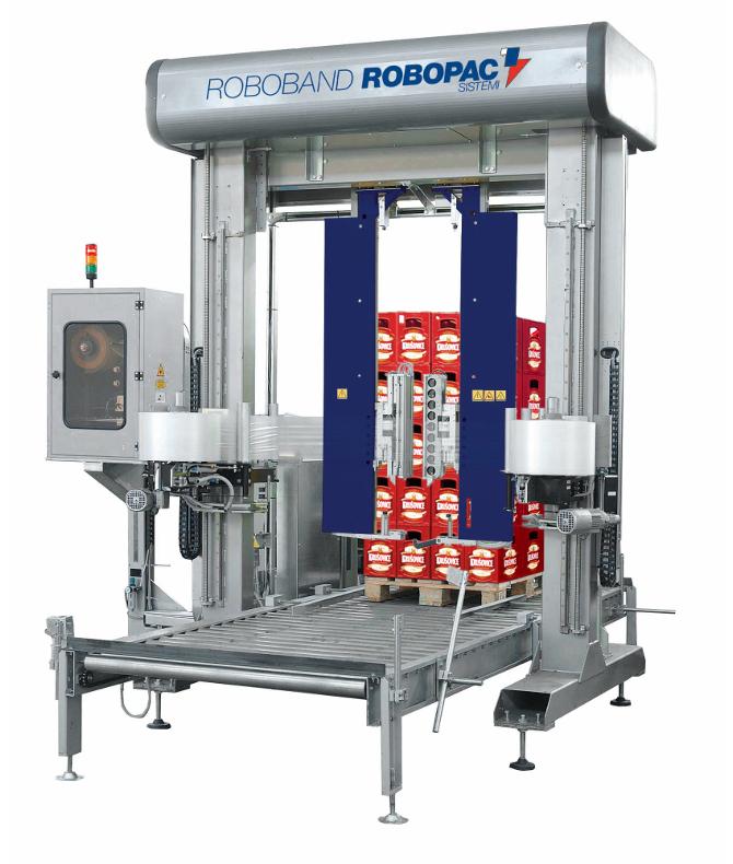 Machine de fin de ligne automatique Roboband 1VH - application de bande de film étirable pour stabilisation des charges palettisées_0