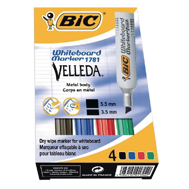 BIC MARQUEUR EFFAÇABLE BIC VELLEDA MÉTAL - 1781 - POINTE BISEAUTÉE - COLORIS ASSORTIS - POCHETTE DE 4