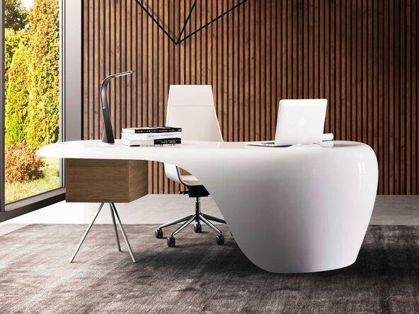 Bureau de direction en résine blanc brillant design unique avec rangement_0