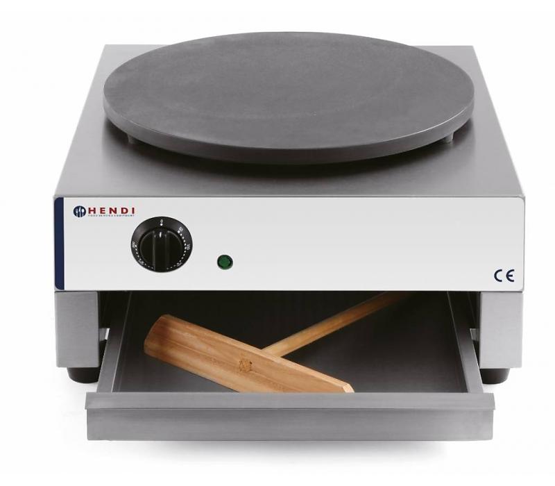 Crêpière simple électrique Hendi - professionnel 3kW/230V - plaque en fonte émaillée Ø400mm avec tiroir et accessoires_0