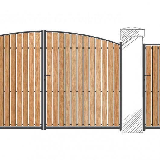Portail battant - portillon cintre Tahiti avec ossature tube 35x35x2 et remplissage lattes Méranti_0