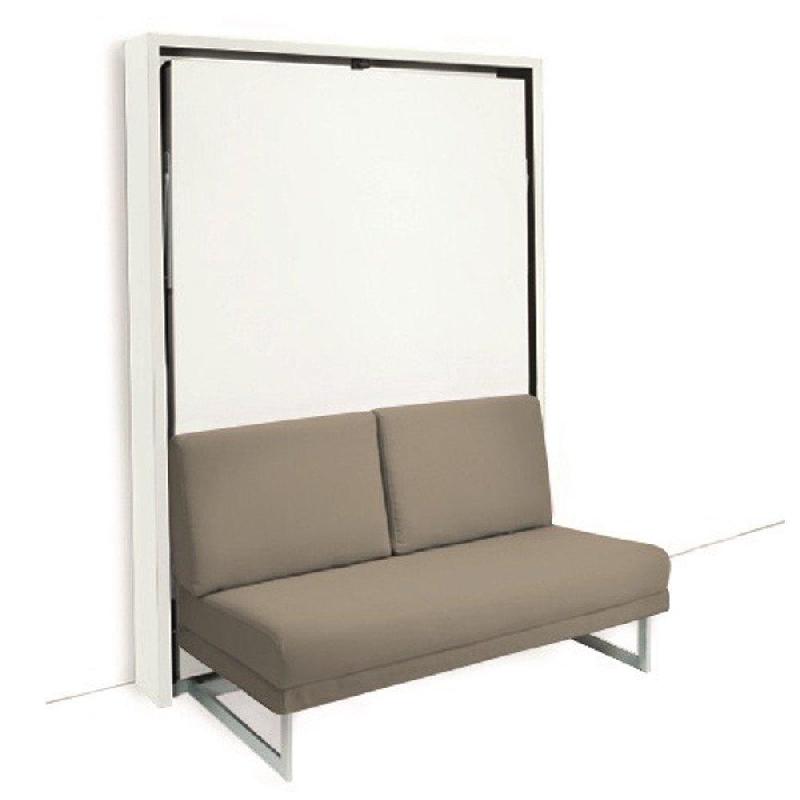Armoire lit escamotable Houdini Slash 140 blanche mate avec canapé tissu tweed beige - cadre ultra plat et fabrication européenne_0