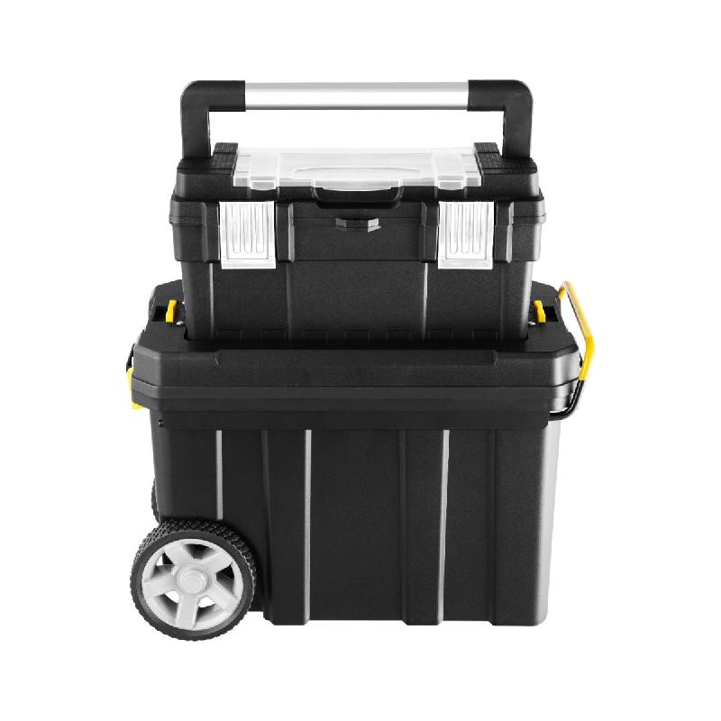 LOT DE 2 BOÎTES À OUTILS DE RANGEMENT CHARIOT EMBOÎTABLE AVEC POIGNÉE DE TRACTION ET PLATEAU AMOVIBLE ÉTUI DE RANGEMENT EN 2 PIÈCES NOIR 20_0003051_0