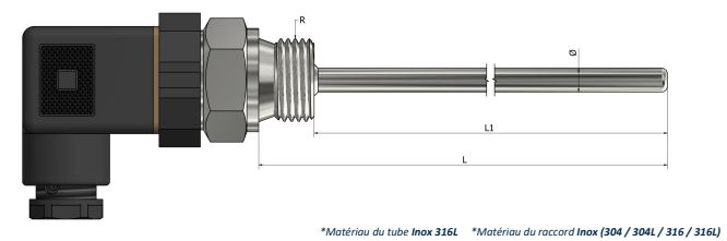 Thermocouple à visser - Connecteur DIN 43650 - Types K, N, J, T, E, R, S, B - Raccords variés_0