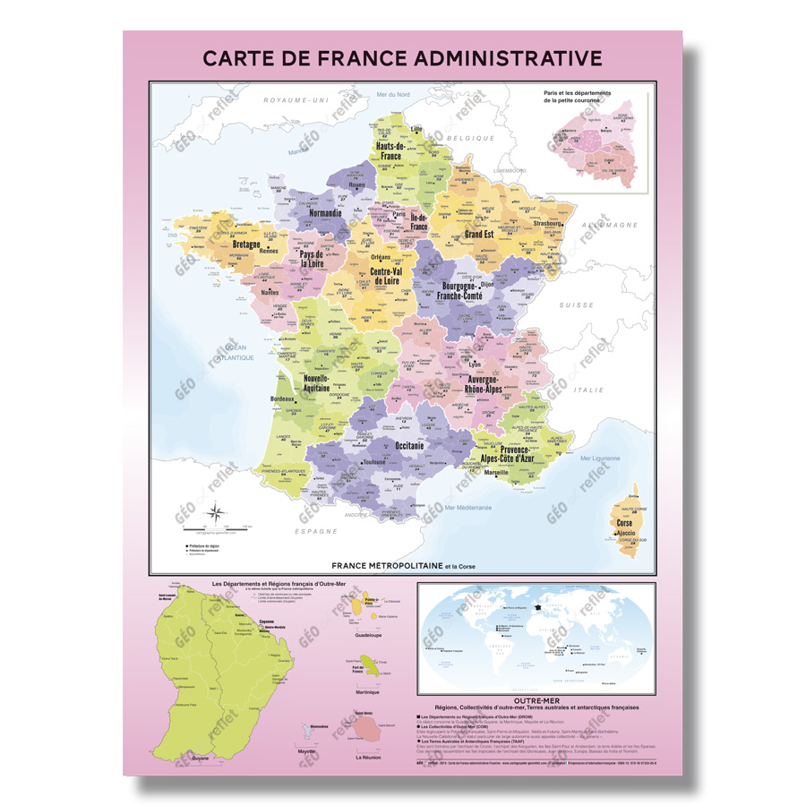 Carte de France administrative - Modèle Fluorine - Poster plastifié A0 - Grand format, résistant et effaçable_0