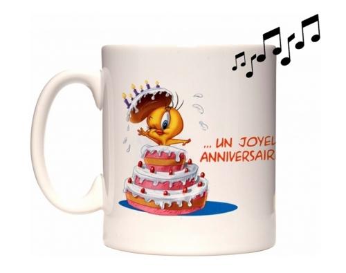 Mug musical blanc en céramique traité polyester - Mélodie Joyeux anniversaire ou mariage - H 9,5 cm x Ø 8,1 cm_0