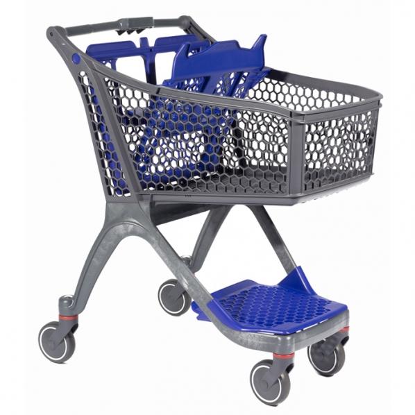 Chariot libre-service supermarché gris/bleu - Avec grille inférieure - 4 roulettes fixes et pivotantes - Marque Rolléco_0
