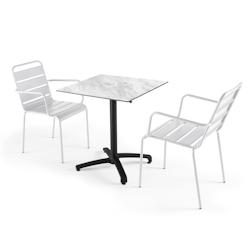 Oviala Business Ensemble table jardin stratifié marbre et 2 fauteuils palavas Blanc - Oviala - blanc métal 107745_0