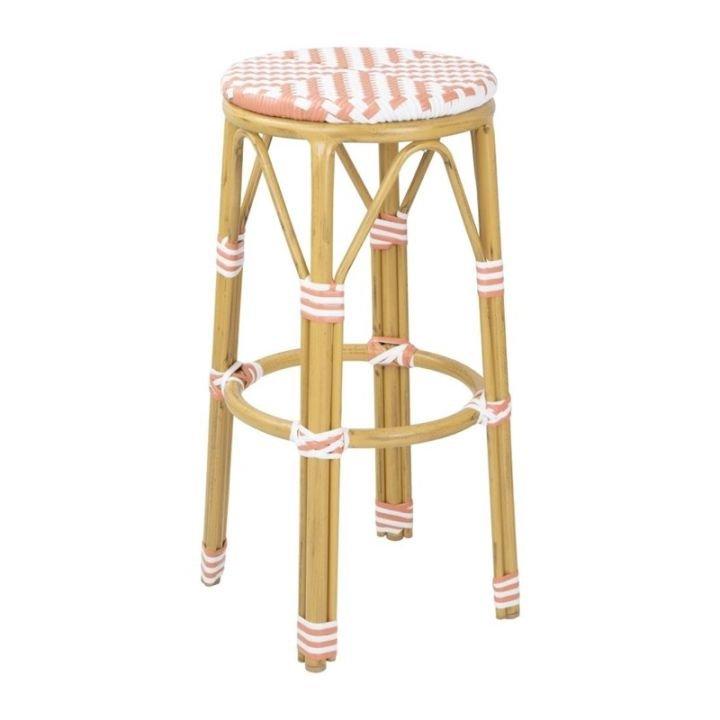Lot de 2 tabourets de bar empilables, motifs chevrons, structure en aluminium finition bois, assise rotin corail et blanc_0