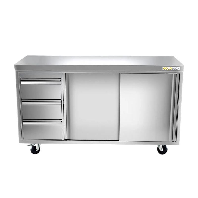 Meuble bas inox 1800x700 mm avec 3 tiroirs à gauche sur roulettes PREMIUM - GOLDINOX - gris inox 3701770814763_0