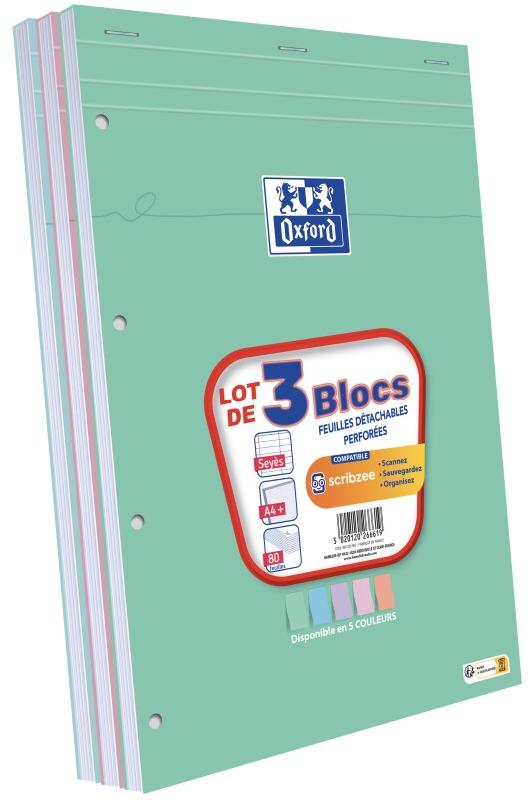 Oxford Lot de 7 Lot de 3 blocs Smart agrafés A4+, 160p./80 feuilles 90g/m², Séyès, coloris assortis - 3020120266619_0