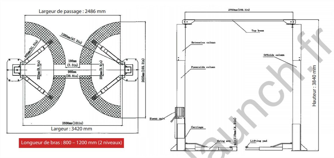 Pont élévateur hydraulique 2 colonnes TLT-240SCA - 4 tonnes - passage libre - déverrouillage électromagnétique_1