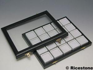 2) COFFRET VITRÉ ESCAMOTABLE 20X BOÎTES GEMME 3X3.