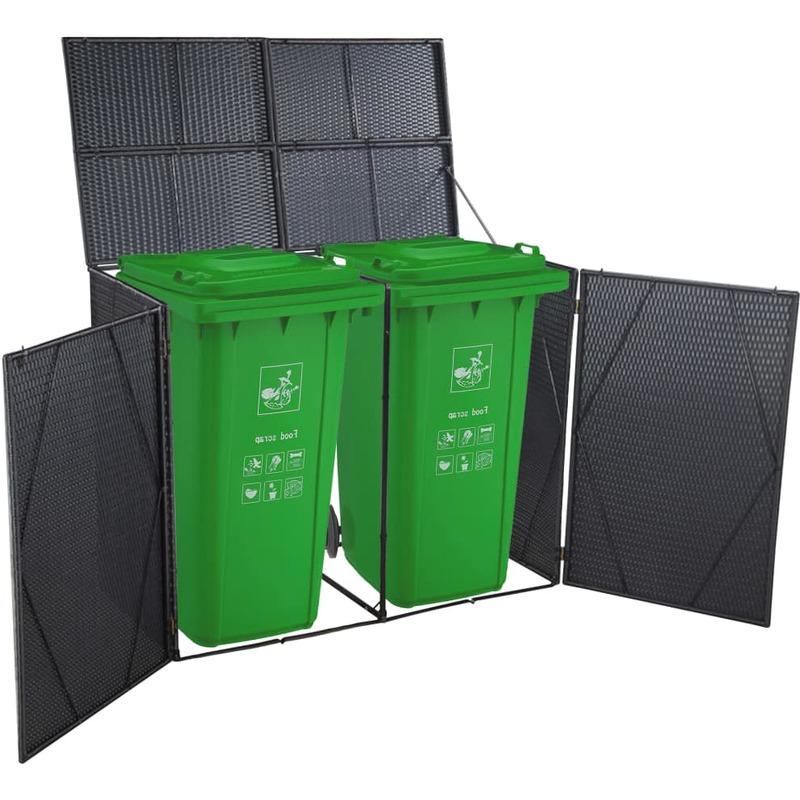 Abri Pour Poubelle En Résine Tressée Noire : 70x80x117 Cm, Avec Porte Et Couvercle, Pas De Bac Inclus