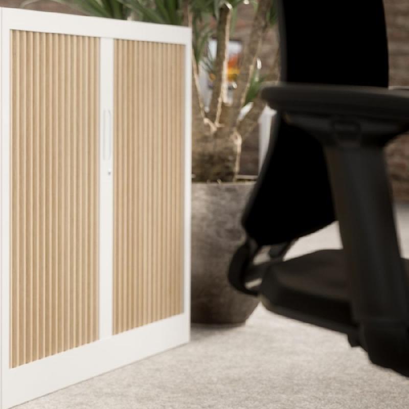 Armoire basse bicolore à rideau CLASSIF - Fabriquée en France - 2 tablettes métalliques pour dossiers suspendus_0
