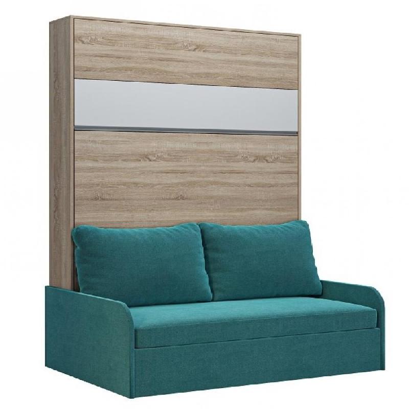 ARMOIRE LIT ESCAMOTABLE BERMUDES SOFA CHÊNE BANDEAU BLANC CANAPÉ BLEU 160*200 CM_0