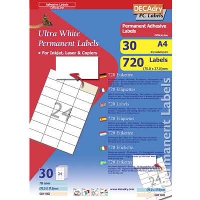 Étiquettes adhésives blanc 70 x 37 mm - impression jet d’encre, laser et copieur - Référence DECAdry OLW 4803_0