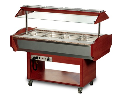Buffet de restauration chauffant à roulettes - 4 ou 6 bacs GN 1/1 - Cuve inox, plan granit, bois acajou_0