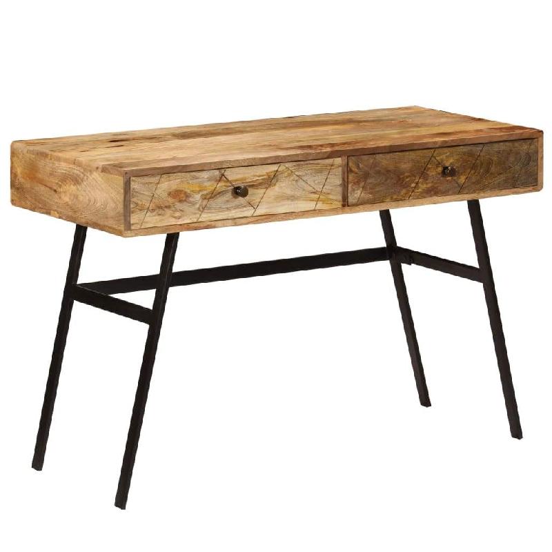 Bureau informatique en bois de manguier massif 110 cm - Design industriel avec tiroirs et pieds en acier_0