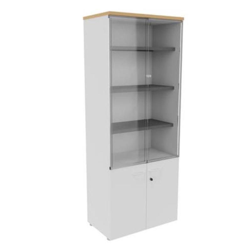 BIBLIOTHEQUE HAUTE NF ENVIRONNEMENT PORTES BASSES ET VITRINE H.203 CM X L.80 CM BLANCHE - TOP HETRE